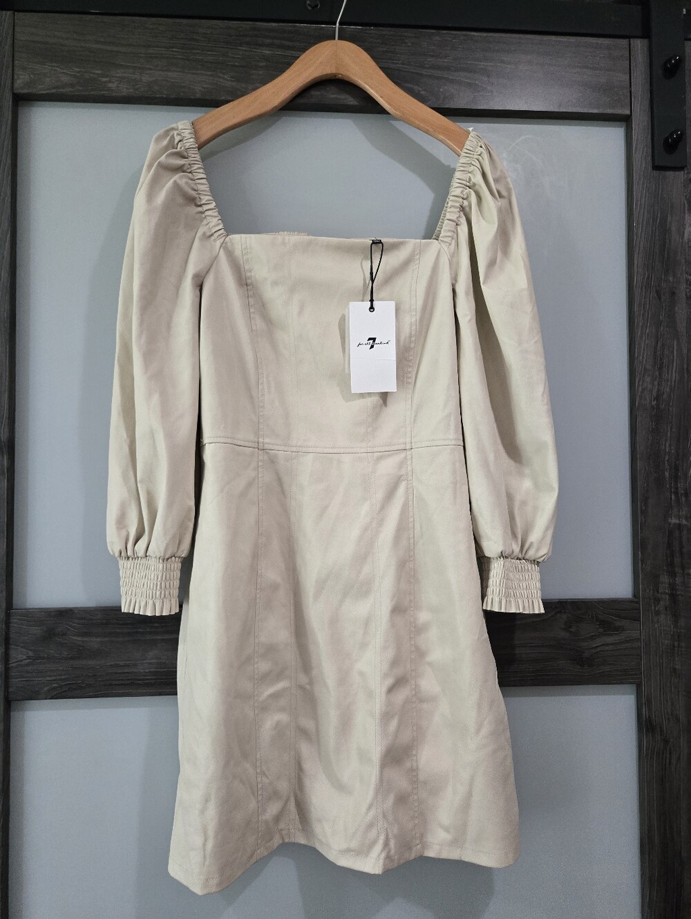 NWT 7 For All Mankind Tan Faux Leather Puff Sleeve Dress Size Medium